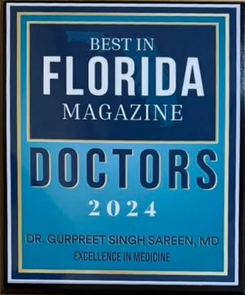 Framed award: Best in Florida Magazine, Doctors 2024 — Dr. Gurpreet Singh Sareen, MD, Excellence in Medicine.