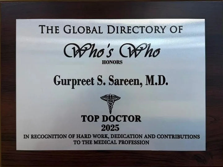 Engraved plaque: The Global Directory of Who's Who honors Gurpreet S. Sareen, M.D. as Top Doctor 2025, in recognition of hard work, dedication and contributions to the medical profession.