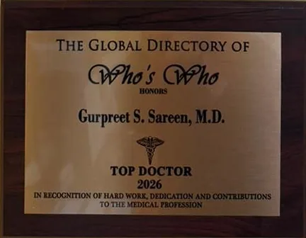 Engraved plaque: The Global Directory of Who's Who honors Gurpreet S. Sareen, M.D. as Top Doctor 2026, in recognition of hard work, dedication and contributions to the medical profession.
